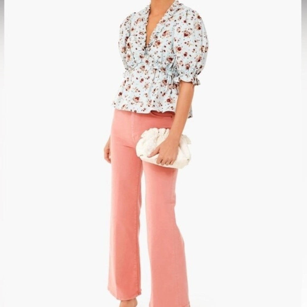 Ruffled Floral V-Neck Blouse in Light Blue